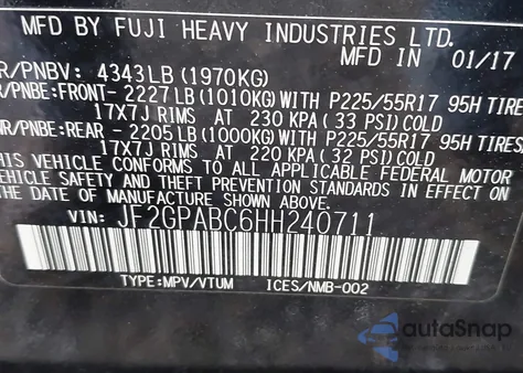 2017 Subaru Crosstrek 2.0I Premium z USA, uszkodzony, nr VIN JF2GPABC6HH240711